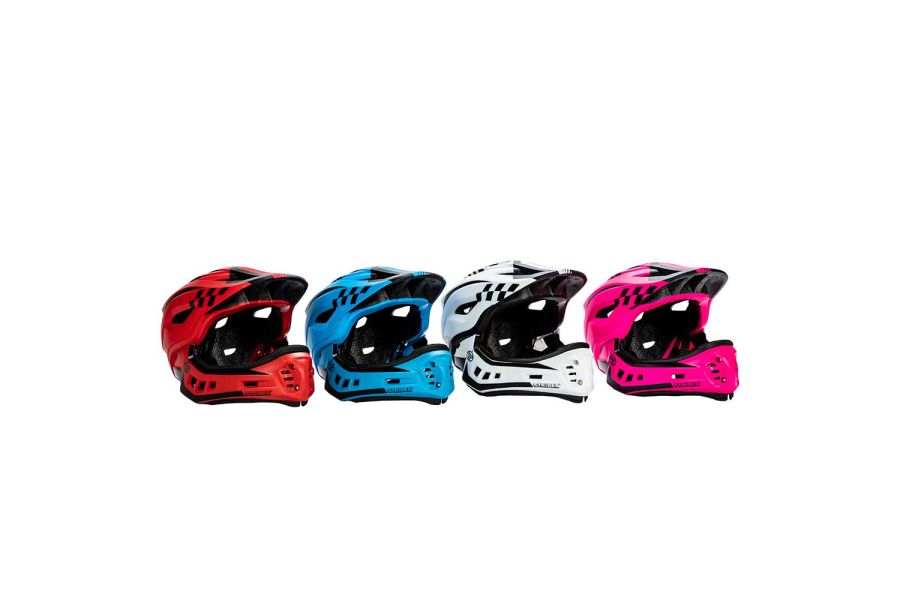 Studio lineup of red, blue, white, and pink ST-R Full-Face Helmets