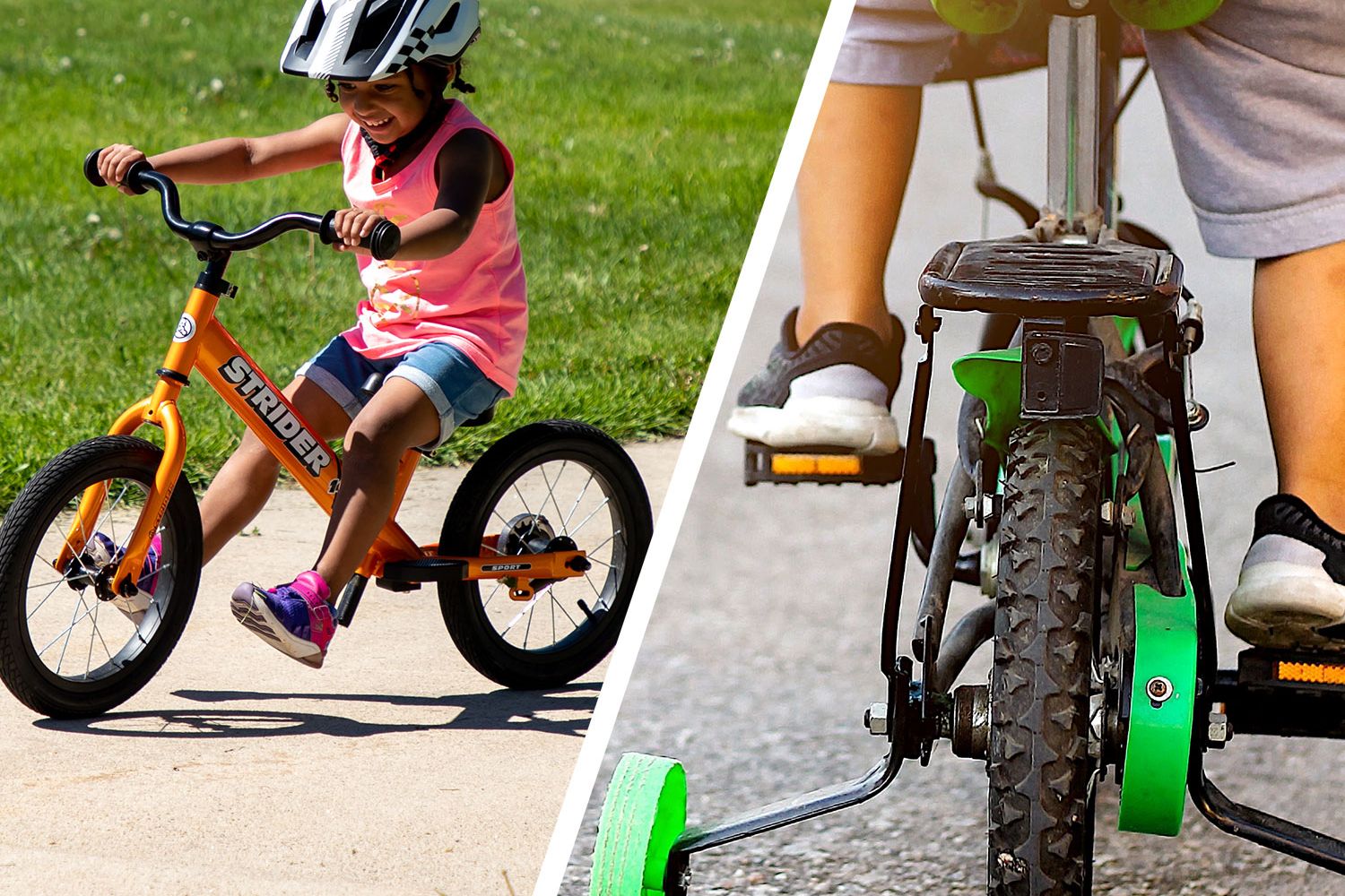 Child gliding on Strider 14x Sport vs child on training wheel bike
