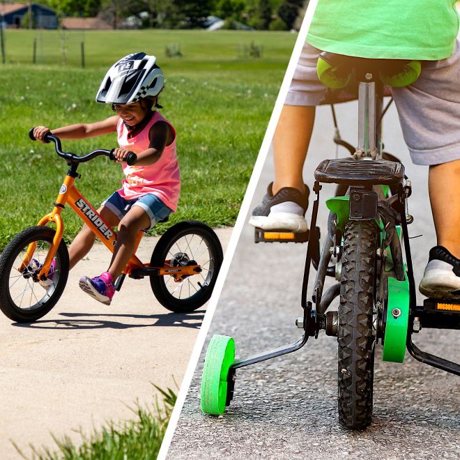 Child gliding on Strider 14x Sport vs child on training wheel bike