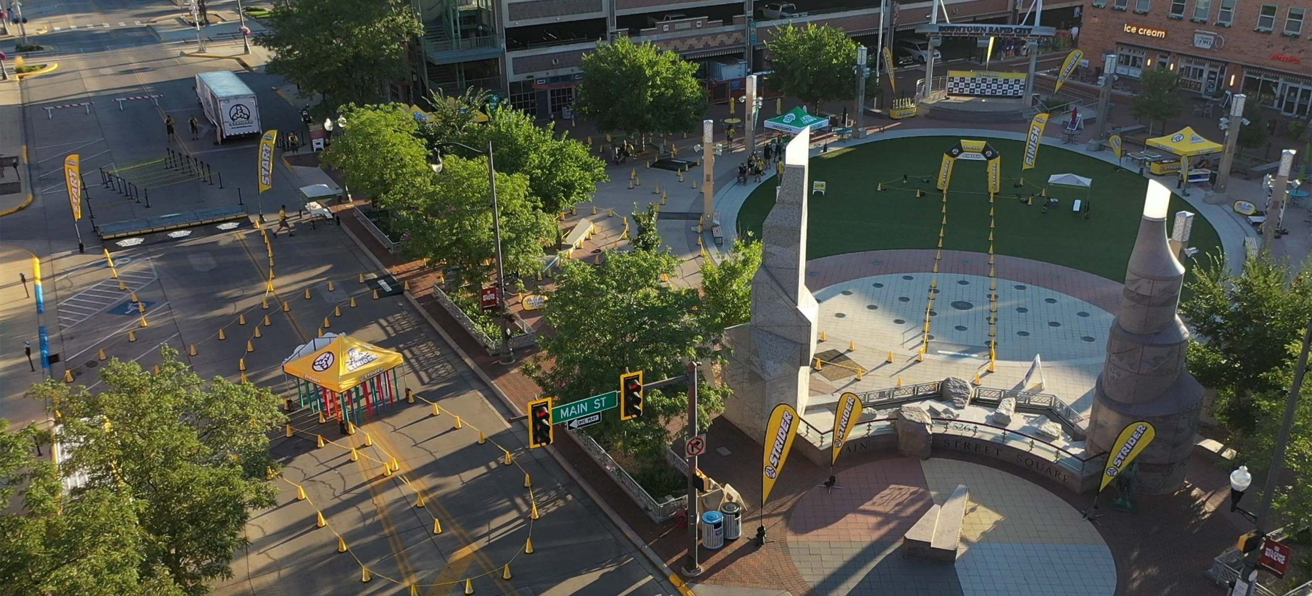 Aerial photo of Strider Cup race course in Rapid City's Main Street Square