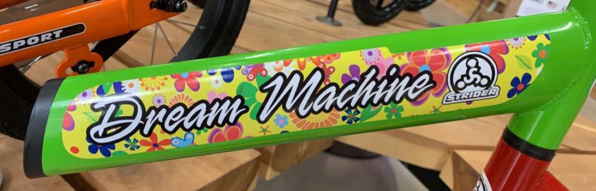 close crop of custom Strider decal that reads Dream Machine on a flowered background