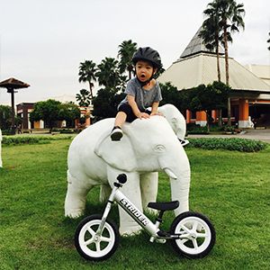 A child sits on top of an elephant sculpture