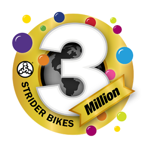 Gold medallion logo celebrating Strider Bikes selling 3 million balance bikes