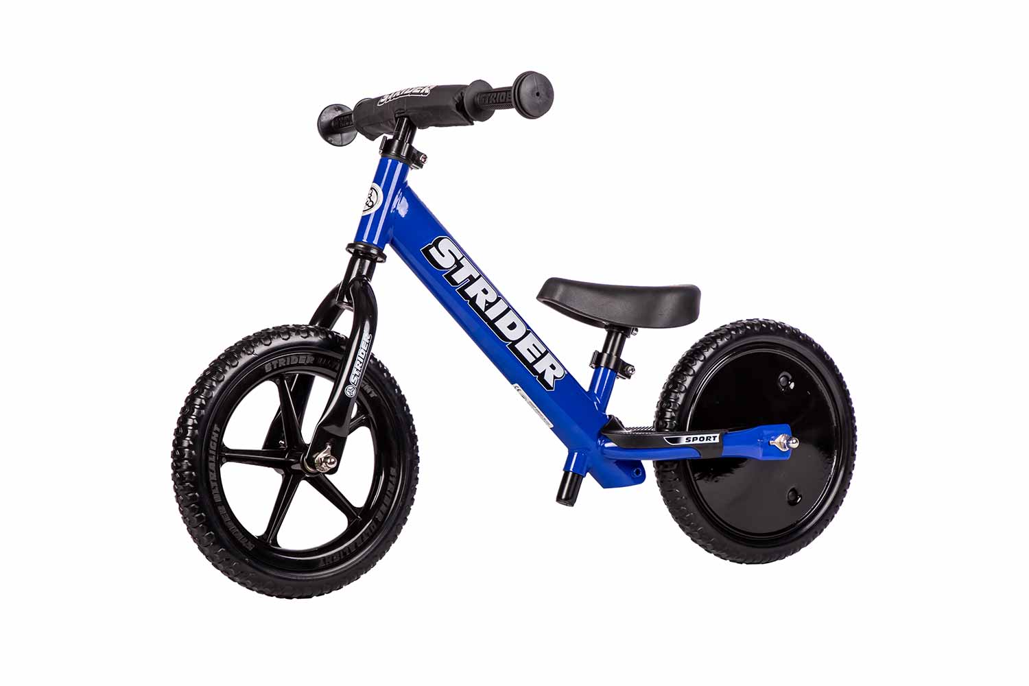 A studio photo of Strider Disc Wheel Covers installed on a blue 12 Sport balance bike